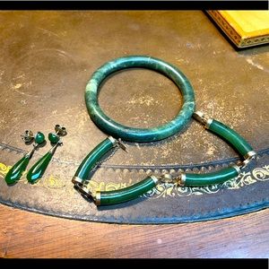 Jade and 14k gold curved bracelet, bangle, 14k gold and jade earrings